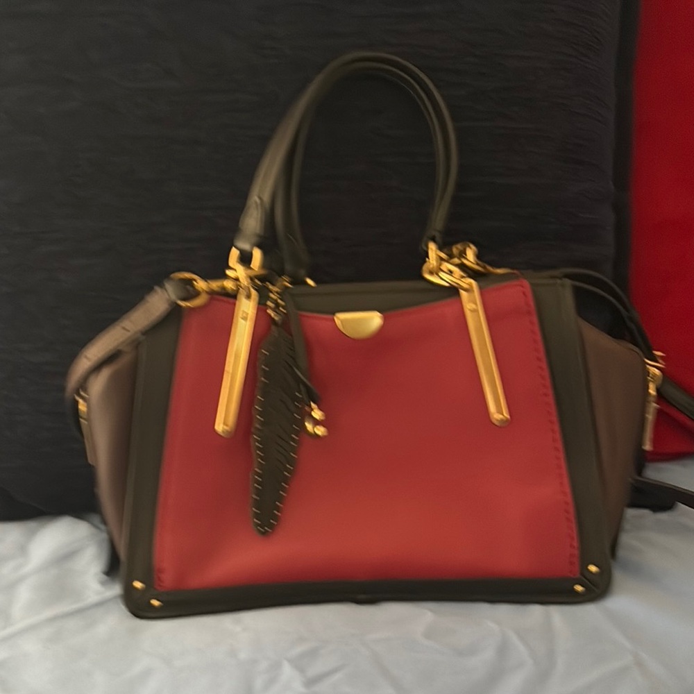 Classic Red and Brown Satchel with Gold Accents